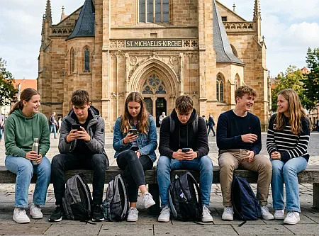 Junge Menschen vor einer Kirche