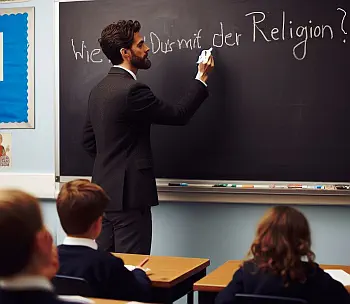 Lehrer schreibt 'Wie hältst du's mit der Religion?' an eine Tafel