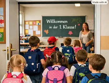 Erstklässler werden von Lehrerin begrüßt
