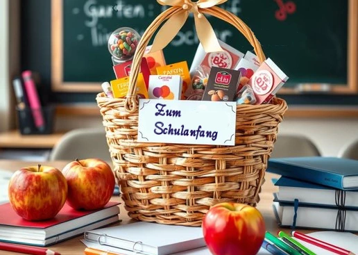 Bücher, Stifte, ABC-Hütchen, Apfel