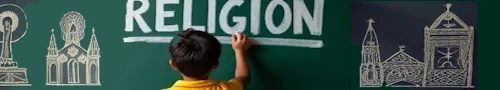Schüler schreibt RELIGION an eine Tafel