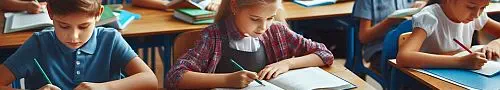Schüler lesen und schreiben in Heften
