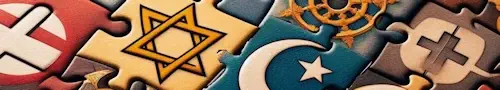 Bild mit Bing Image-Creator erzeugt und bearbeitet Puzzle mit Symbolen der Religionen